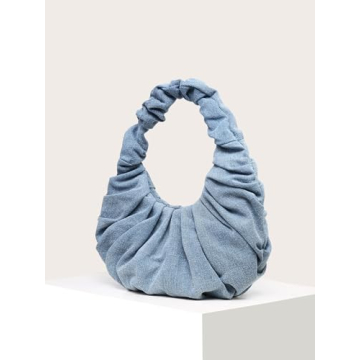 Verdusa Pleated Denim Clutch Stylish Blue Satchel Handbag