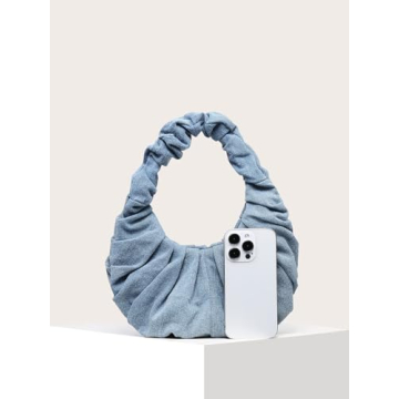 Verdusa Pleated Denim Clutch Stylish Blue Satchel Handbag