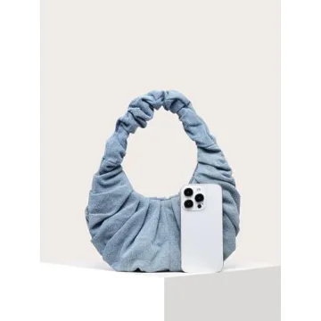 Verdusa Pleated Denim Clutch Stylish Blue Satchel Handbag