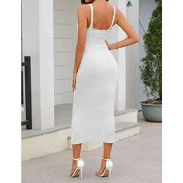 MEROKEETY Womens 2025 Summer Spring V Neck Knit Midi Dress Bodycon Casual Sleeveless Ribbed Sweater Dresses,White,M