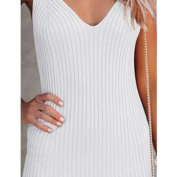 MEROKEETY Womens 2025 Summer Spring V Neck Knit Midi Dress Bodycon Casual Sleeveless Ribbed Sweater Dresses,White,M