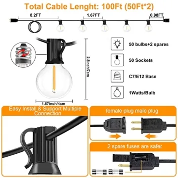 100FT Outdoor String Lights with Dimmable LED Bulbs