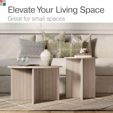 Stead Round Fluted Nesting Coffee Tables, 2 Piece Coffee Table Set, Modern Drink Desk for Living Room, Modern Home Decor, Solid Wood Base and Wood Grain Veneer Top (Weathered White)