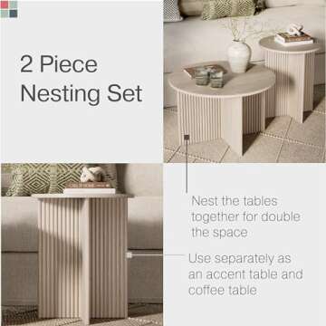 Stead Round Fluted Nesting Coffee Tables, 2 Piece Coffee Table Set, Modern Drink Desk for Living Room, Modern Home Decor, Solid Wood Base and Wood Grain Veneer Top (Weathered White)
