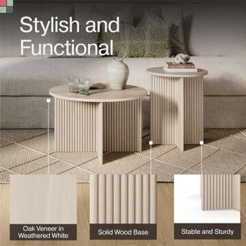 Stead Round Fluted Nesting Coffee Tables, 2 Piece Coffee Table Set, Modern Drink Desk for Living Room, Modern Home Decor, Solid Wood Base and Wood Grain Veneer Top (Weathered White)