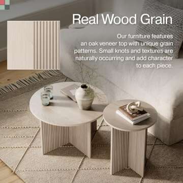 Stead Round Fluted Nesting Coffee Tables, 2 Piece Coffee Table Set, Modern Drink Desk for Living Room, Modern Home Decor, Solid Wood Base and Wood Grain Veneer Top (Weathered White)