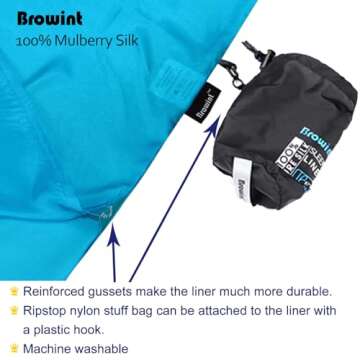 Browint Silk Sleeping Bag Liner, Silk Sleep Sack, Extra Wide 87"x43", Lightweight Travel Sheet for Hotels, More Colors for Option, Reinforced Gussets