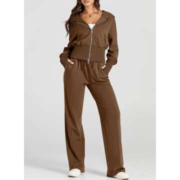 Herseas Women's 2 Workout Set Cropped Hoodie Full Zip Long Sleeve Fall Fashion 2024 Dark Brown Worko...