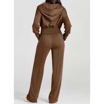 Herseas Women's 2 Workout Set Cropped Hoodie Full Zip Long Sleeve Fall Fashion 2024 Dark Brown Workout Sweatshirts Crop Tops with Sweatpants Loungewear X-Large 16 18