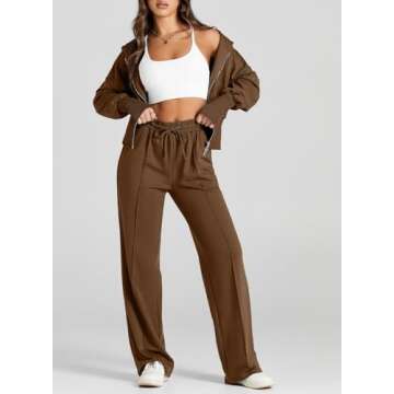 Herseas Women's 2 Workout Set Cropped Hoodie Full Zip Long Sleeve Fall Fashion 2024 Dark Brown Workout Sweatshirts Crop Tops with Sweatpants Loungewear X-Large 16 18