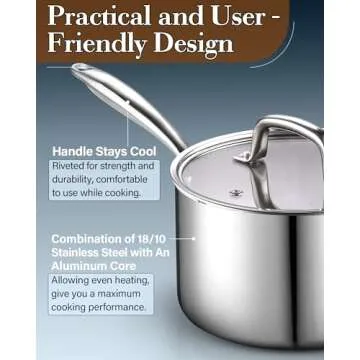 Cook N Home Stainless Steel Saucepan 1.5 Quart, Tri-Ply Full Clad Sauce Pan with Glass Lid, Silver