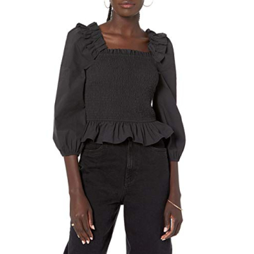 Marisol Long Sleeve Ruffle Smocked Top Black for Spring