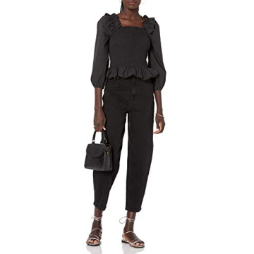 Marisol Long Sleeve Ruffle Smocked Top Black for Spring