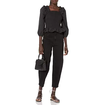 Marisol Long Sleeve Ruffle Smocked Top Black for Spring