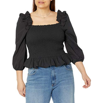 Marisol Long Sleeve Ruffle Smocked Top Black for Spring