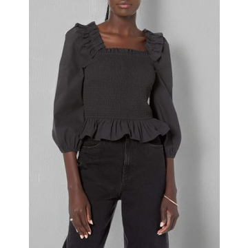 Marisol Long Sleeve Ruffle Smocked Top Black for Spring