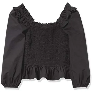 Marisol Long Sleeve Ruffle Smocked Top Black for Spring