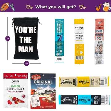 Jerky Gift Bag - Exotic Jerky Variety Pack in Fun You're the Man Bag - Gifts for Men Who Wants Nothing, Assortment of High Protein Beef Jerky Snack Packs - Ideal Gift for Dad, Son or Wife