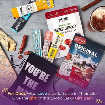 Jerky Gift Bag - Exotic Jerky Variety Pack in Fun You're the Man Bag - Gifts for Men Who Wants Nothing, Assortment of High Protein Beef Jerky Snack Packs - Ideal Gift for Dad, Son or Wife