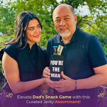 Jerky Gift Bag - Exotic Jerky Variety Pack in Fun You're the Man Bag - Gifts for Men Who Wants Nothing, Assortment of High Protein Beef Jerky Snack Packs - Ideal Gift for Dad, Son or Wife