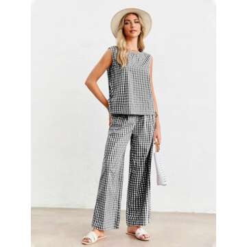 Tankaneo Womens Summer 2 Piece Sets Gingham Side Tie up Tank Tops and Wide Leg Pants Vacation Beach ...