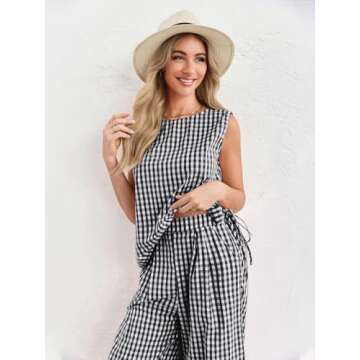 Tankaneo Womens Summer 2 Piece Sets Gingham Side Tie up Tank Tops and Wide Leg Pants Vacation Beach Outfits Lounge Sets