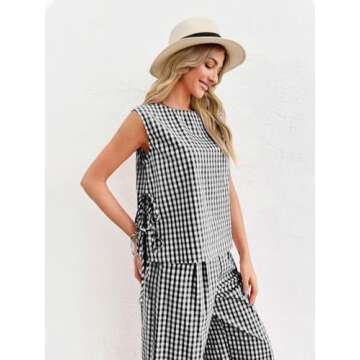 Tankaneo Womens Summer 2 Piece Sets Gingham Side Tie up Tank Tops and Wide Leg Pants Vacation Beach Outfits Lounge Sets