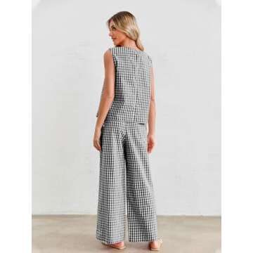 Tankaneo Womens Summer 2 Piece Sets Gingham Side Tie up Tank Tops and Wide Leg Pants Vacation Beach Outfits Lounge Sets
