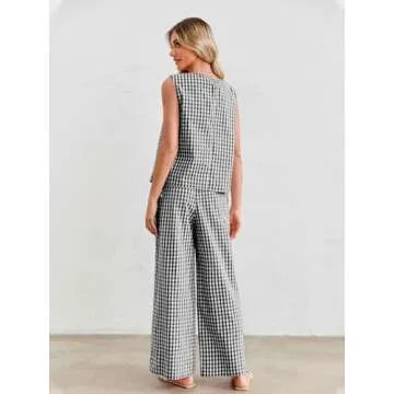 Tankaneo Womens Summer 2 Piece Sets Gingham Side Tie up Tank Tops and Wide Leg Pants Vacation Beach Outfits Lounge Sets