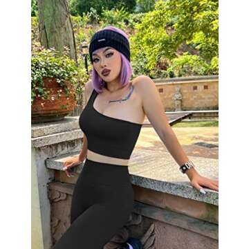 OQQ Womens 4 Piece Workout Outfits Ribbed Yoga High Waist Leggings with 3 Crop Tops with Sports Bra Exercise Set Black