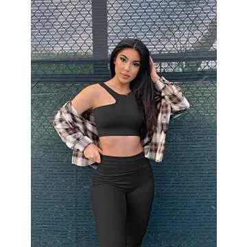 OQQ Womens 4 Piece Workout Outfits Ribbed Yoga High Waist Leggings with 3 Crop Tops with Sports Bra Exercise Set Black