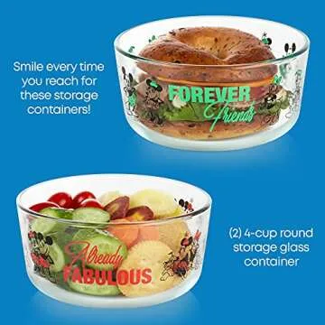 Pyrex 8-Pc Glass Food Storage Container Set, 4-Cup & 3-Cup Decorated Round Meal and Rectangle Prep Containers, Non-Toxic, BPA-Free Lids, Disney Mickey & Friends