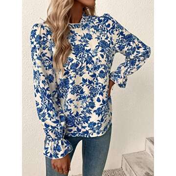 MakeMeChic Women's Floral Print Long Sleeve Ruffle High Neck Blouse Shirt Top A Blue S