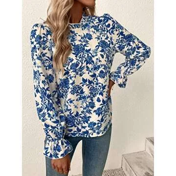 MakeMeChic Women's Floral Print Long Sleeve Ruffle High Neck Blouse Shirt Top A Blue S