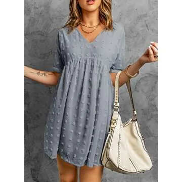 Happy Sailed Womens Stylish V Neck Ruffles Swing Tunic Dress Casual Flowy Badydoll Mini Dress Medium Sky Blue