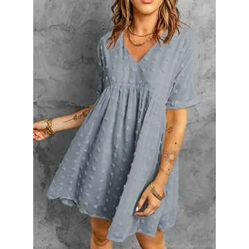 Happy Sailed Womens Stylish V Neck Ruffles Swing Tunic Dress Casual Flowy Badydoll Mini Dress Medium Sky Blue