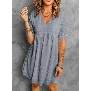 Happy Sailed Womens Stylish V Neck Ruffles Swing Tunic Dress Casual Flowy Badydoll Mini Dress Medium Sky Blue