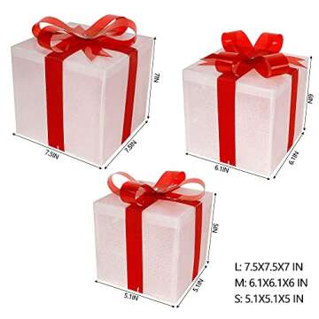 Juegoal Christmas Lighted PVC Gift Boxes Decorations, Pre-lit Light Up Christmas Tree Skirt Ornament Indoor Holiday Party Christmas Pathway Present Box Home Yard Art, Set of 3