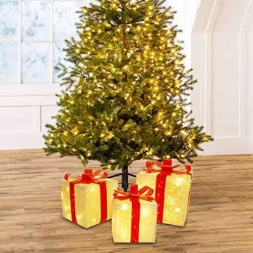 Juegoal Christmas Lighted PVC Gift Boxes Decorations, Pre-lit Light Up Christmas Tree Skirt Ornament Indoor Holiday Party Christmas Pathway Present Box Home Yard Art, Set of 3