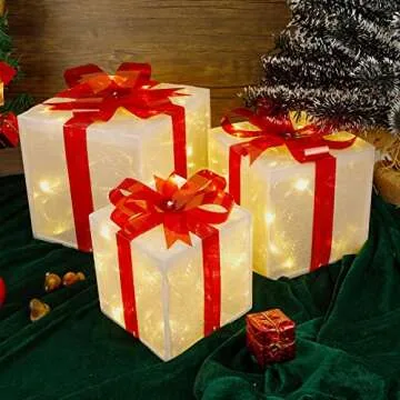 Juegoal Christmas Lighted PVC Gift Boxes Decorations, Pre-lit Light Up Christmas Tree Skirt Ornament Indoor Holiday Party Christmas Pathway Present Box Home Yard Art, Set of 3