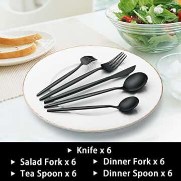 30-Piece Black Silverware Set, Flatware Set for 6, Food-Grade Stainless Steel Tableware Cutlery Set, Utensil Sets Kitchen Cutlery for Home Office Restaurant Hotel