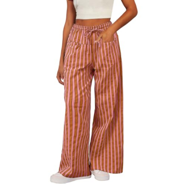 Acelitt Womens Casual Striped Color Block Pants Drawstring Elastic Waist 2024 Fall Fashion Comfy Loo...