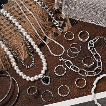 IFKM 36 Piece Silver Plated Jewelry Set - 3 Necklaces, 12 Bracelets, 7 Ear Cuffs, 14 Knuckle Rings f...