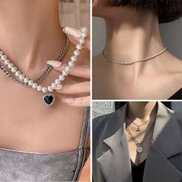 IFKM 36 Piece Silver Plated Jewelry Set - 3 Necklaces, 12 Bracelets, 7 Ear Cuffs, 14 Knuckle Rings for Women - Valentine, Anniversary, Birthday Gifts