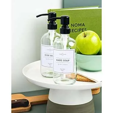 Vine Creations Clear Glass Soap Dispenser, 2 Pack Kitchen Soap Dispenser Set with Stainless Steel Pump, 16 oz Hand Soap Dispenser Bathroom, Dish Soap Dispenser for Kitchen with Waterproof Labels
