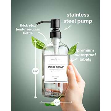 Vine Creations Clear Glass Soap Dispenser, 2 Pack Kitchen Soap Dispenser Set with Stainless Steel Pump, 16 oz Hand Soap Dispenser Bathroom, Dish Soap Dispenser for Kitchen with Waterproof Labels