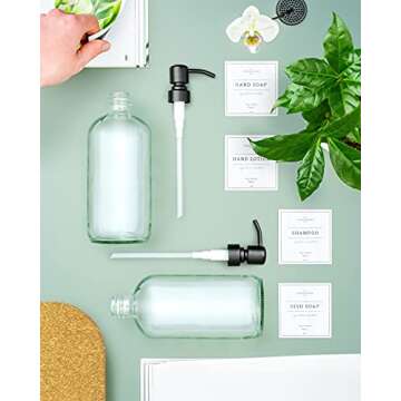 Vine Creations Clear Glass Soap Dispenser, 2 Pack Kitchen Soap Dispenser Set with Stainless Steel Pump, 16 oz Hand Soap Dispenser Bathroom, Dish Soap Dispenser for Kitchen with Waterproof Labels