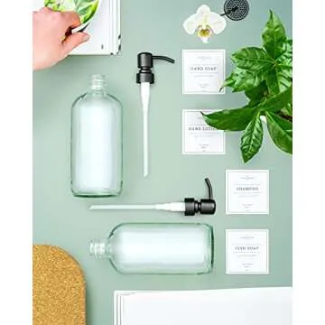 Vine Creations Clear Glass Soap Dispenser, 2 Pack Kitchen Soap Dispenser Set with Stainless Steel Pump, 16 oz Hand Soap Dispenser Bathroom, Dish Soap Dispenser for Kitchen with Waterproof Labels