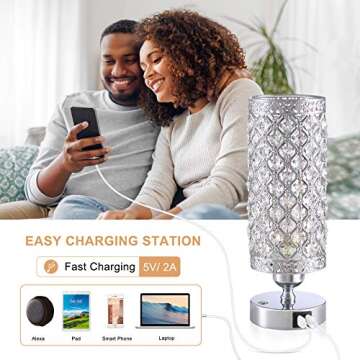 Yarra-Decor Crystal Bedside Table Lamp 3 Color Options Lamps for Bedroom Modern USB Nightstand Lamp with Silver Crystal Shade Decorative Lamps for Living Room, Kids Room(LED Bulb Included)