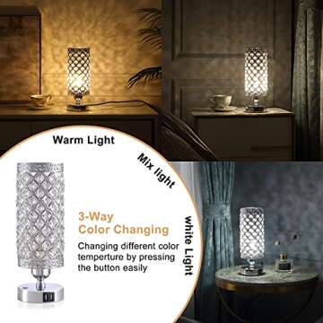 Yarra-Decor Crystal Bedside Table Lamp 3 Color Options Lamps for Bedroom Modern USB Nightstand Lamp with Silver Crystal Shade Decorative Lamps for Living Room, Kids Room(LED Bulb Included)